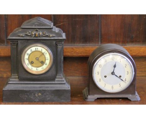 An Enfield bakelite mantel clock and a Victorian slate mantel clock, 21cm & 31cm (2)