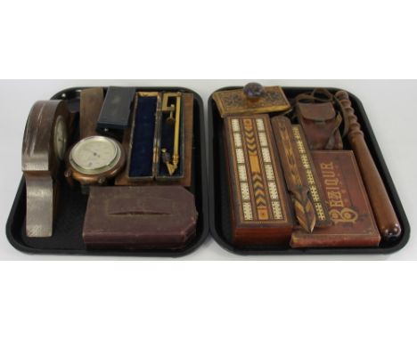 A 19th century lacquered brass camera lucida; a Smiths tachometer in case; a gilt blotter; a truncheon; two cribbage boards a