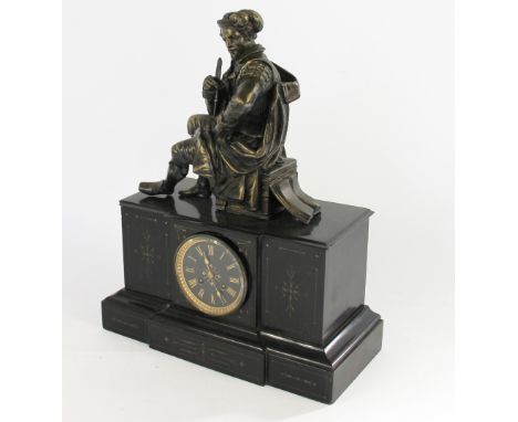 A black slate mantel clock with brass Carolean gentleman surmount 47cm high