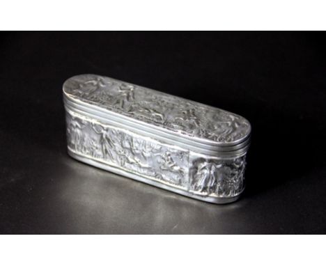 A Continental silver snuff box, 19th century, of lozenge form and embossed throughout with hunting scenes, 11cm wide