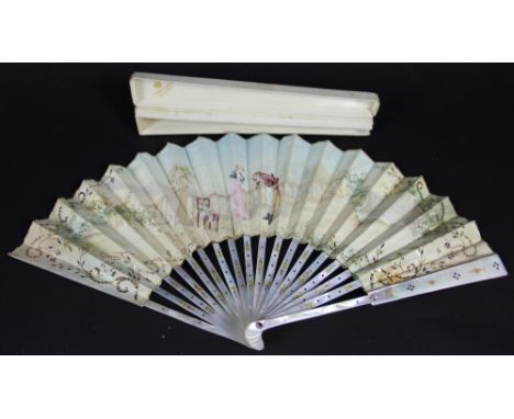 A 19th century French mother-of-pearl and painted paper fan decorated with lovers on a terrace and further sequin detail, sig