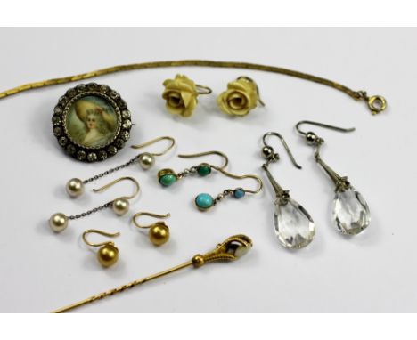 A collection of jewellery, to include; a pair of pearl set drop earrings, a pair of turquoise and seed pearl set drop earring