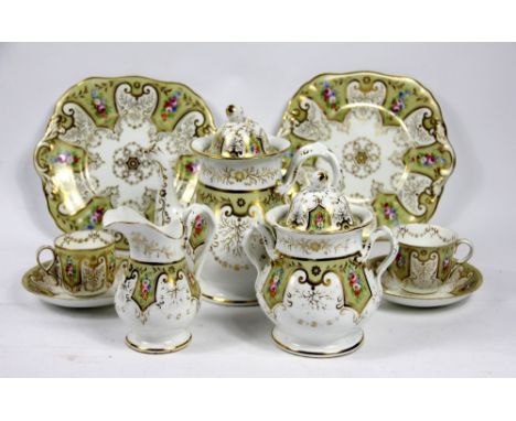 A collection of Bridgwood & Son tea wares, circa 1830, each piece decorated with floral sprays against a pale green and gilt 