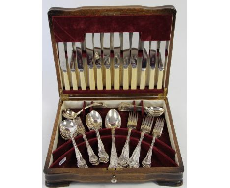 A cased canteen of silver plated Kings pattern cutlery, to include; six table forks, six side knives, six soup spoons, six de