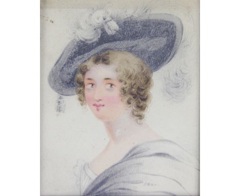 Portrait Miniature, late 18th century
Watercolour and pencil sketch
Lady wearing a plumed hat, 
9.5cm x 11cm  