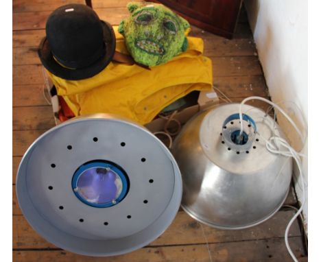 A green beaded tribal mask, a bowler hat, two life jackets, ten metal coat hangers and various ephemera and a pair of silver 