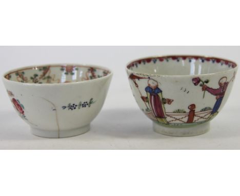 Two 18th Century New Hall tea bowls, one painted with figures in a garden, the other florally decorated (at fault) (2)