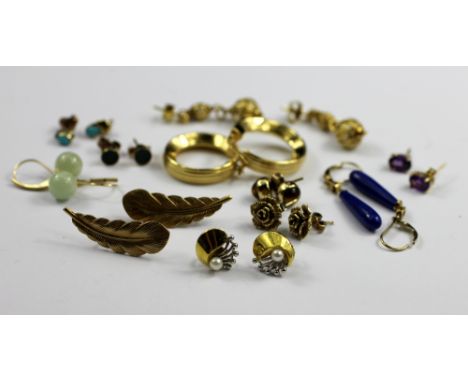 A collection of earrings, to include; a pair of yellow and white gold and pearl set stud earrings, weight 1.7gms, a pair of 1