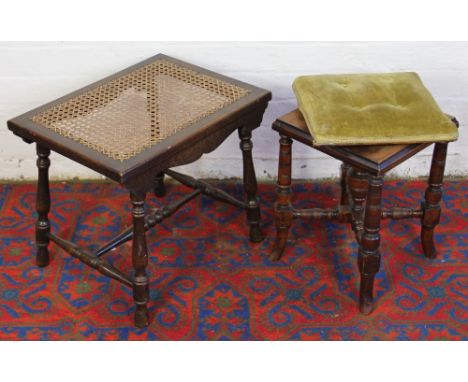 An Edwardian adjustable piano stool, on turned legs; a caned seat oak stool and a reproduction small mahogany chest, of two s