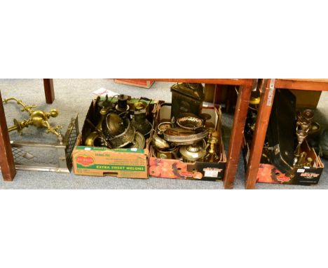 A brass lamp by Griffiths, Birmingham, 1914 together with assorted metalware, silver plate etc (in three boxes) 