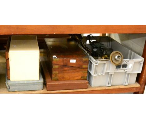 Assorted metalware including; mugs, rolling rule by Hadden & Co; a Victorian walnut writing slope; three drawers of watch par