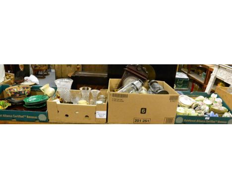 Large quantity including ceramics, cut glassware, wall barometer, stoneware jars, tilley lamps, etc (in four boxes) 