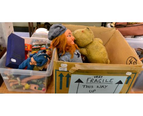 A quantity of dolls house furniture, a moulded hair action man figure, together with assorted dolls, teddies and similar (in 
