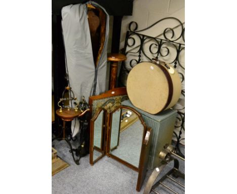 Lloyd Loom clothes basket, firescreen with needlework insert, modern torchere, modern fire irons, copper kettle and stand, fu