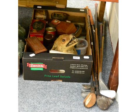 A large group of assorted tins; taxidermy fox head; cast brass door knocker; gold clubs etc (qty)