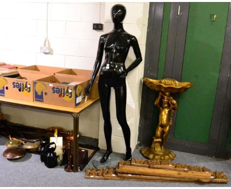 Two BR thress aspect hand lamps and a road maintenance lamp, a modern female shop mannequin, a quantity of carved oak church 