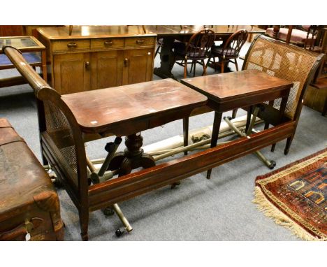 Early 20th century caned single mahogany bed, tapestry polescreen, inlaid mirror and a gilt decorated floral mounted mirror (