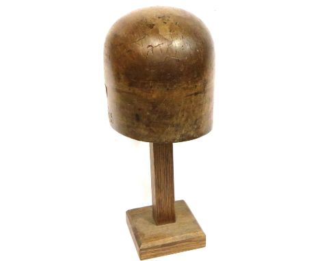 Large yew wood hatters block on stand. Head is removable from stand, some cracks to wood and minor chips/dents. P&amp;P Group