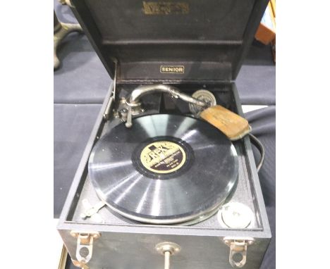 Vintage wind up portable Unitone Senior gramophone and some 78 rpm records, working at lotting. Not available for in-house P&