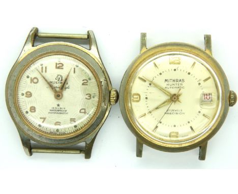 Two vintage gents wristwatch heads Mithras and Mustang, neither working at lotting. P&amp;P Group 1 (£14+VAT for the first lo