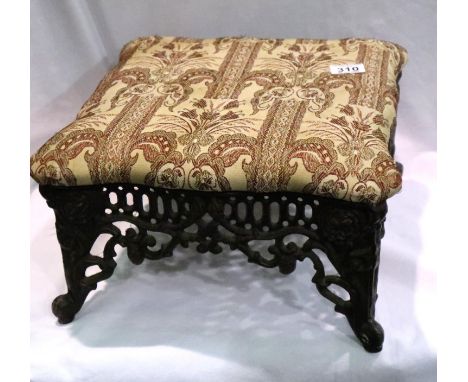 Vintage cast metal footstool and cushioned top, 38 x 38 x 20 cm. P&amp;P Group 3 (£25+VAT for the first lot and £5+VAT for su