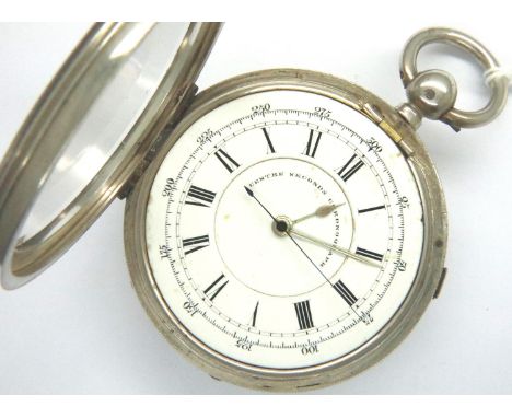 Hallmarked silver centre seconds chronograph pocket watch, not working at lotting. P&amp;P Group 2 (£18+VAT for the first lot