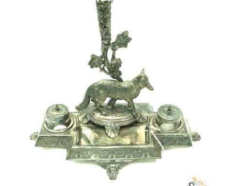 Large electro silver plated desk pen stand with twin glass ink pots and fox design, L: 30 cm. P&amp;P Group 3 (£25+VAT for th