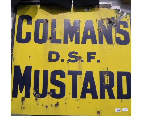 Authentic vintage metal and enamel sign single side Colmans Mustard sign, 96 x 92 cm. Some losses/holes particularly to upper