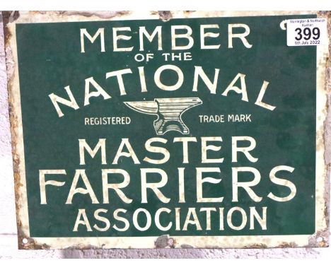 Small single sided metal and enamel Farriers Association sign, 30 x 20 cm. P&amp;P Group 2 (£18+VAT for the first lot and £3+