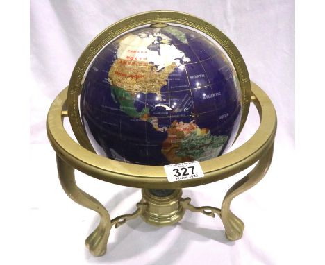 Brass framed globe set with semi precious stones, with compass set into base, H: 35 cm. Not available for in-house P&amp;P, c