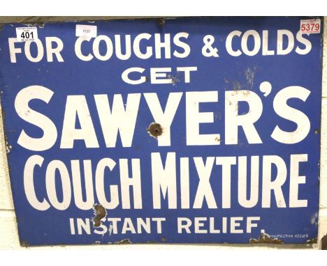 Large original vintage metal and enamel single sided sign, Sawyers Cough Mixture, 45 x 60 cm. Not available for in-house P&am