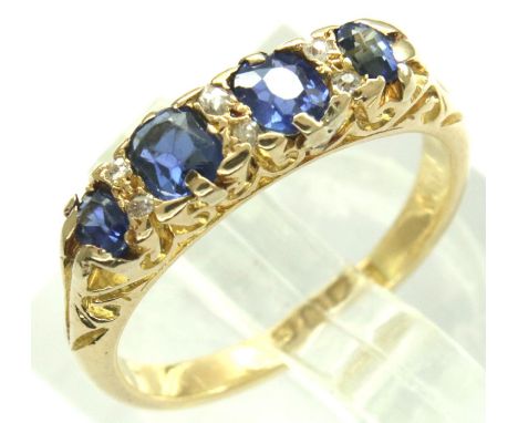 18ct gold diamond and sapphire set ring, size J, 4.0g. Small scratches to sapphires and a few minor incursions to band, only 