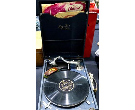 Vintage wind up portable Mayfair Deluxe, model gramophone with needles and some with 78 rpm records. Not available for in-hou