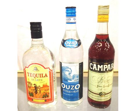 Three mixed spirits: Campari, Ouzo and tequila. P&amp;P Group 3 (£25+VAT for the first lot and £5+VAT for subsequent lots) 