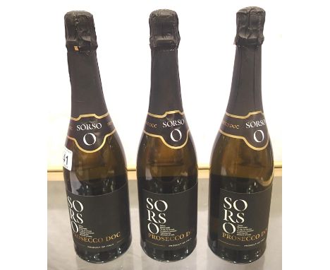 Three bottles of Sorso Prosecco. P&amp;P Group 3 (£25+VAT for the first lot and £5+VAT for subsequent lots) 
