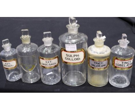 Vintage apothecary bottles with stoppers, some stuck (6). Not available for in-house P&amp;P, contact Paul O'Hea at Mailboxes