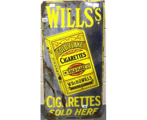 Authentic vintage metal and enamel sign single side Wills gold flake cigarettes, 46 x 92 cm. Fair condition some expected rus