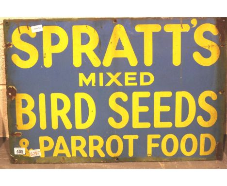 Authentic vintage metal and enamel sign single side Spratts mixed bird seeds and parrot food, 50 x 75 cm. Minor rust damage t