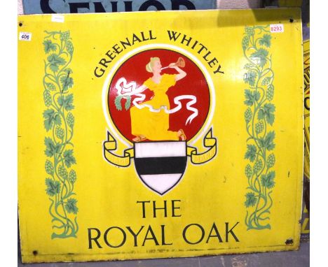 Authentic vintage metal and enamel wall sign single side Greenall Whitley pub sign The Royal Oak, 91 x 83 cm. Fair condition,