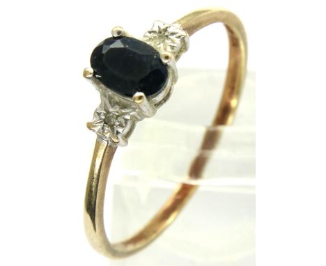 9ct gold sapphire solitaire ring with diamond set shoulders, size V, 1.9g. P&amp;P Group 1 (£14+VAT for the first lot and £1+