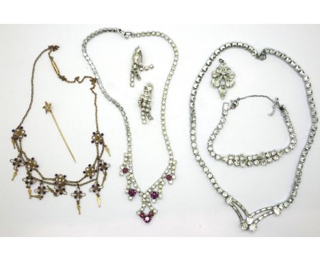 A necklace, bracelet and earring set together with a further necklace and a tie pin, all stone set. P&amp;P Group 1 (£14+VAT 