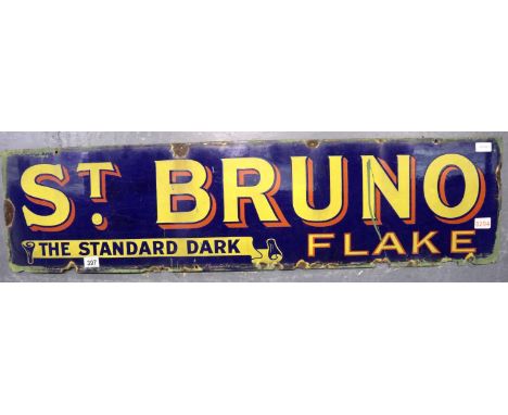 Authentic metal and enamel advertising wall sign, St Bruno flake tobacco sign, 120 x 30 cm. Some minor rust losses to edges, 