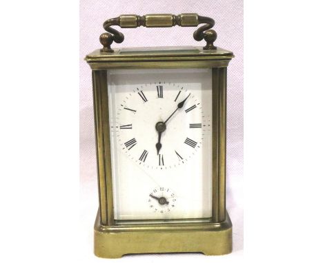 Brass carriage clock with alarm dial, working at lotting. P&amp;P Group 2 (£18+VAT for the first lot and £3+VAT for subsequen