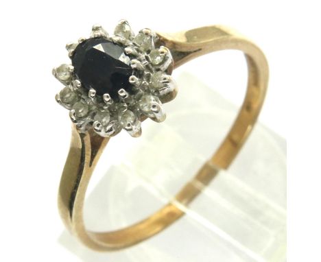 9ct gold sapphire and diamond cluster ring, size V, 2.7g. P&amp;P Group 1 (£14+VAT for the first lot and £1+VAT for subsequen