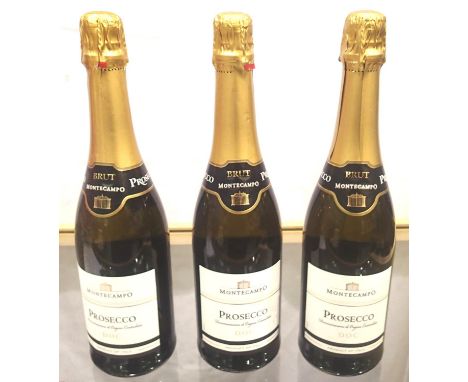 Three bottles of Montecampo Prosecco. P&amp;P Group 3 (£25+VAT for the first lot and £5+VAT for subsequent lots) 