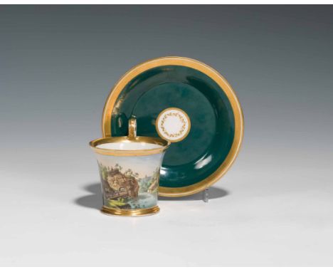 Tasse mit Untertasse "der Urthelstein bei Baden"Alt-Wien, um 1835Porzellan, farbig glasiert und staffiert, Goldmalerei; auf d