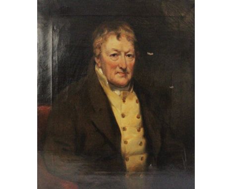 English School (19th century),Half length portrait of an elderly gentleman, seated, with brown overcoat and cream waistcoat,O