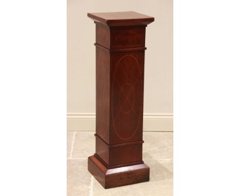 An Edwardian inlaid mahogany pedestal, of square section form, overall inlaid with chequered banding and stringing, raised up