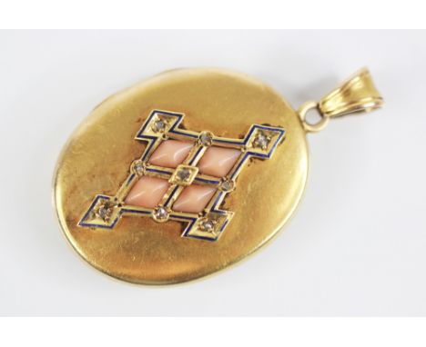A Victorian coral, diamond and enamel locket pendant, the oval shaped locket with applied lozenge shaped panel to cover, set 