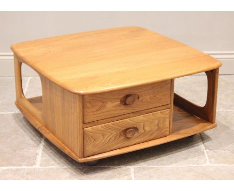 An Ercol "Pandora" light elm coffee table, mid 20th century, the two tier square table with two drawers, raised upon shepherd